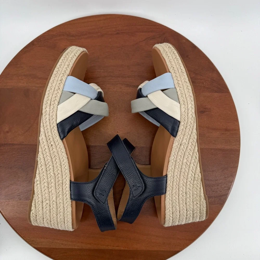 Vionic Saratoga Navy Multi Leather Espadrille Wedge Sandals Womens 11 Wide‎